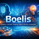 Futuristic digital illustration showing Boelis concept with technology, innovation, and digital identity elements in a modern workspace