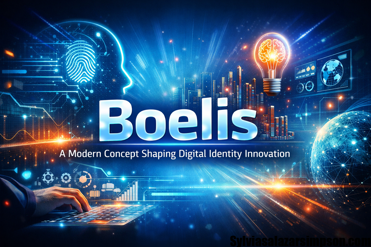 Futuristic digital illustration showing Boelis concept with technology, innovation, and digital identity elements in a modern workspace