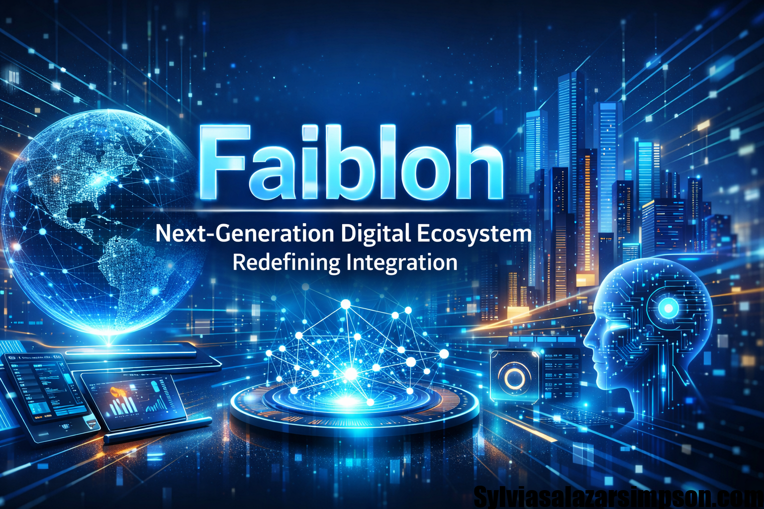 Faibloh digital ecosystem illustration with AI network, smart city, and integrated technology systems