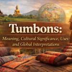 Tumbons concept showing traditional textiles, Thai village, and global cultural elements