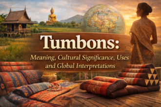 Tumbons concept showing traditional textiles, Thai village, and global cultural elements