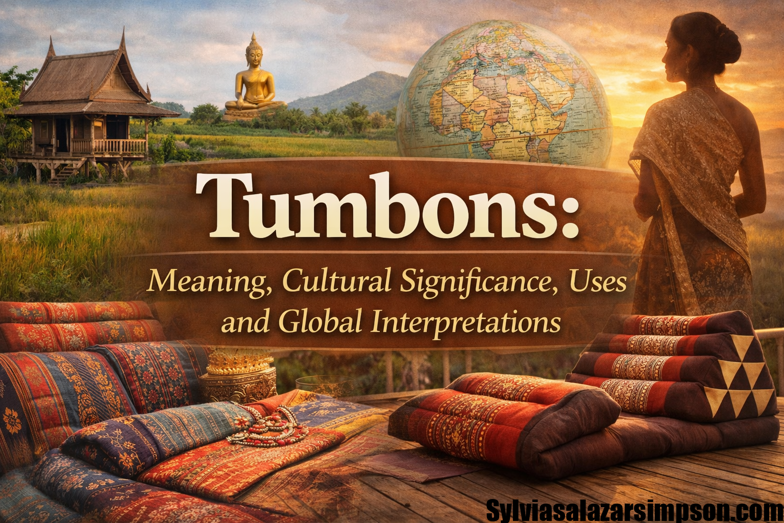 Tumbons concept showing traditional textiles, Thai village, and global cultural elements