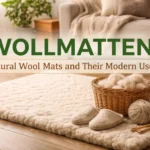 Natural wool mat (Wollmatten) placed in a cozy home interior with wool fibers and knitting tools representing eco-friendly wool mat uses