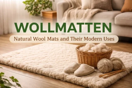 Natural wool mat (Wollmatten) placed in a cozy home interior with wool fibers and knitting tools representing eco-friendly wool mat uses