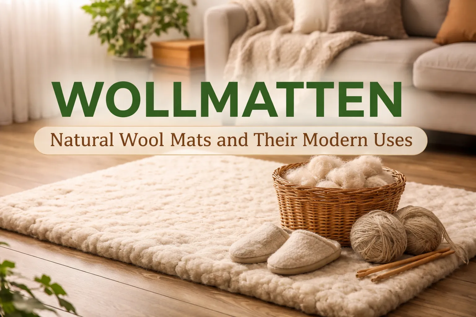 Natural wool mat (Wollmatten) placed in a cozy home interior with wool fibers and knitting tools representing eco-friendly wool mat uses